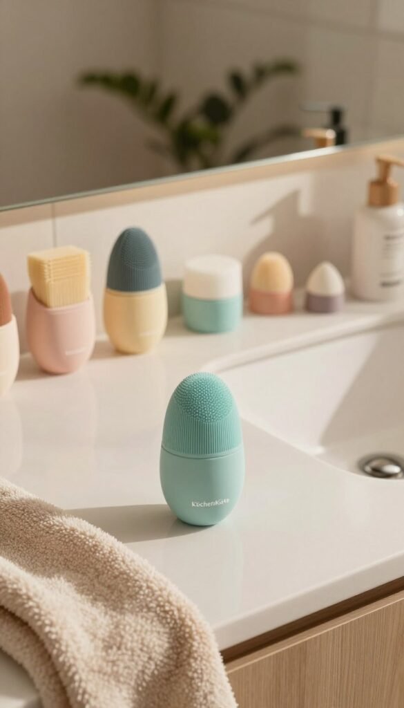 A cozy and inviting bathroom scene featuring a stylish and modern countertop with an array of silicone facial cleansing brushes, prominently displaying the brand "KüchenKiste". In the foreground, a soft, textured towel rests beside the brushes, adding warmth. The middle layer showcases various brushes in different colors and designs, gleaming softly under natural, warm lighting. The background includes a serene bathroom setting with plants subtly visible, enhancing the fresh and calming atmosphere. The image is composed with a slight overhead angle, emphasizing the products while creating a sense of spaciousness. The overall mood is inviting and aesthetically pleasing, resembling a Pinterest-inspired aesthetic, with natural colors harmoniously blending.