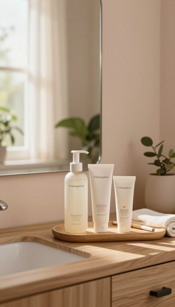 A cozy and inviting bathroom scene for a morning skincare routine, designed to reflect a sense of tranquility and effectiveness. In the foreground, a neatly arranged wooden vanity showcases skincare products from the brand "Ordnungskiste" including a cleanser, moisturizer, and sunscreen, all presented in elegant, minimalist packaging. The middle ground features a stylish mirror reflecting soft, warm lighting that enhances the natural textures of the space. In the background, a large window with sheer curtains allows gentle morning sunlight to filter in, illuminating pastel-colored walls and a few green plants, adding a fresh touch. The atmosphere is peaceful and inspiring, encouraging a quick yet effective daily ritual.