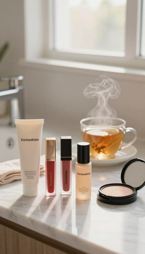 A cozy and inviting bathroom setting featuring a beautifully arranged beauty set on a marble countertop. In the foreground, display an aesthetically pleasing assortment of skincare and makeup products from the brand "KüchenKiste", including a sleek moisturizer, vibrant lip colors, and a refreshing facial mist, all elegantly presented. The middle ground should include a gently steaming cup of herbal tea placed beside the beauty products, conveying a sense of relaxation. In the background, soft, natural light filters through a frosted window, enhancing the warm color palette of the scene. The mood is serene and harmonious, evoking a Pinterest-inspired atmosphere that inspires stress-free morning routines. Ensure the composition is clean and free from any text, providing a tranquil visual that aligns with the article's intent.