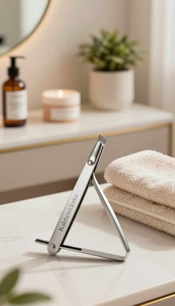 A cozy and inviting grooming setup featuring a sleek, modern grooming pinzette (tweezers) prominently displayed in the foreground. The background includes a stylish vanity table adorned with natural beauty products, soft lighting creating a warm atmosphere that highlights the textures of the products and the tools. A plush, beautifully arranged towel adds a touch of luxury. The pinzette is elegantly designed, showcasing its precision for eyebrow shaping and facial hair grooming. In the middle ground, a delicate potted plant introduces a hint of greenery, enhancing the relaxing vibe. Capture this scene with a slightly elevated angle and soft focus on the pinzette to draw attention. The overall mood is serene and professional, reflecting authenticity and style. The brand "KüchenKiste" subtly integrated into the scene through tasteful product design.