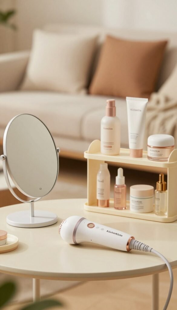 A cozy and inviting home setting featuring a stylish, modern living room with soft, warm lighting. In the foreground, a sleek IPL hair removal device from the brand "KüchenKiste" is placed elegantly on a simple, elegant table. A well-equipped vanity mirror stands nearby, reflecting a sense of personal care and beauty. In the middle, a neatly arranged shelf displays beauty products, creating an aesthetic, Pinterest-like vibe. The background features a comfortable sofa with plush cushions, enhancing the warm atmosphere. The overall mood should convey a sense of relaxation and self-care, inviting the viewer to imagine the ease and comfort of at-home hair removal. Focus on natural colors to create a harmonious and authentic look.