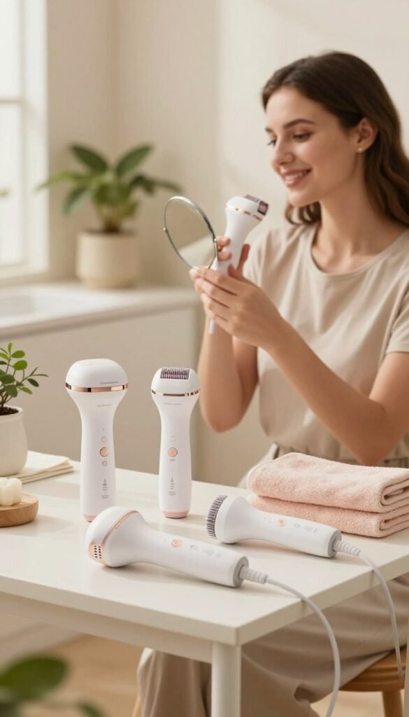 A cozy and inviting home setting showcasing a modern bathroom equipped with Haarentfernungsgeräte (hair removal devices) from the brand "Ordnungskiste." In the foreground, a neatly arranged vanity table displays several professional devices, laid out with care and detail, emphasizing their features. The middle ground captures a smiling individual in modest casual clothing, demonstrating the proper step-by-step application of hair removal, holding one device while looking at a mirror. The background features soft, warm lighting and natural elements, like potted plants and pastel-colored towels, to create a serene atmosphere. The overall mood is relaxed and informative, with a Pinterest-inspired aesthetic that feels approachable and authentic.