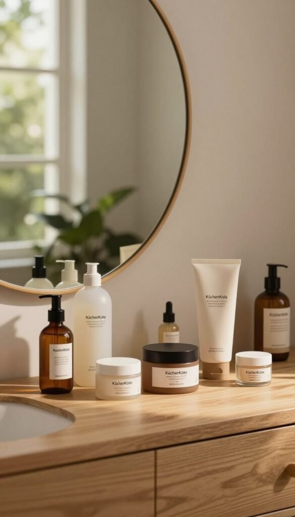 A cozy and inviting "morgen routine station" set within a beautifully arranged bathroom. In the foreground, a wooden vanity with neatly organized beauty products from the brand "KüchenKiste", including skincare bottles and elegant jars, arranged harmoniously. Layered in the middle, a large, round mirror reflects soft, warm morning light, enhancing the tranquil atmosphere. An inviting light spills in through a nearby window, creating gentle shadows that add depth. In the background, lush greenery can be seen through the window, blending natural elements with the indoor space. The overall mood is serene and organized, evoking a sense of calm and harmony in the start of a new day, perfect for embracing routines without chaos.