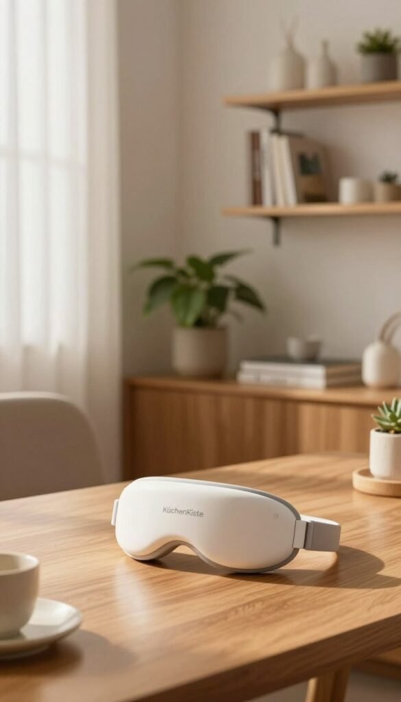 A cozy and inviting scene featuring a well-lit, modern workspace designed for relaxation, with the focal point on a stylish "KüchenKiste" eye massage tool placed elegantly on a smooth wooden desk. In the foreground, soft natural sunlight filters through sheer curtains, casting warm hues across the workspace. The eye massage tool should be designed with organic shapes and soothing colors, emphasizing its ergonomic features. In the middle ground, a potted plant adds a touch of greenery, while a nearby comfortable chair is visible, inviting a sense of calm. The background showcases beautifully arranged shelves with wellness books and decorative items, creating a Pinterest-inspired aesthetic. The lighting should be soft and warm, enhancing the inviting atmosphere, perfect for relaxation. No human figures are present, ensuring the focus remains on the product.