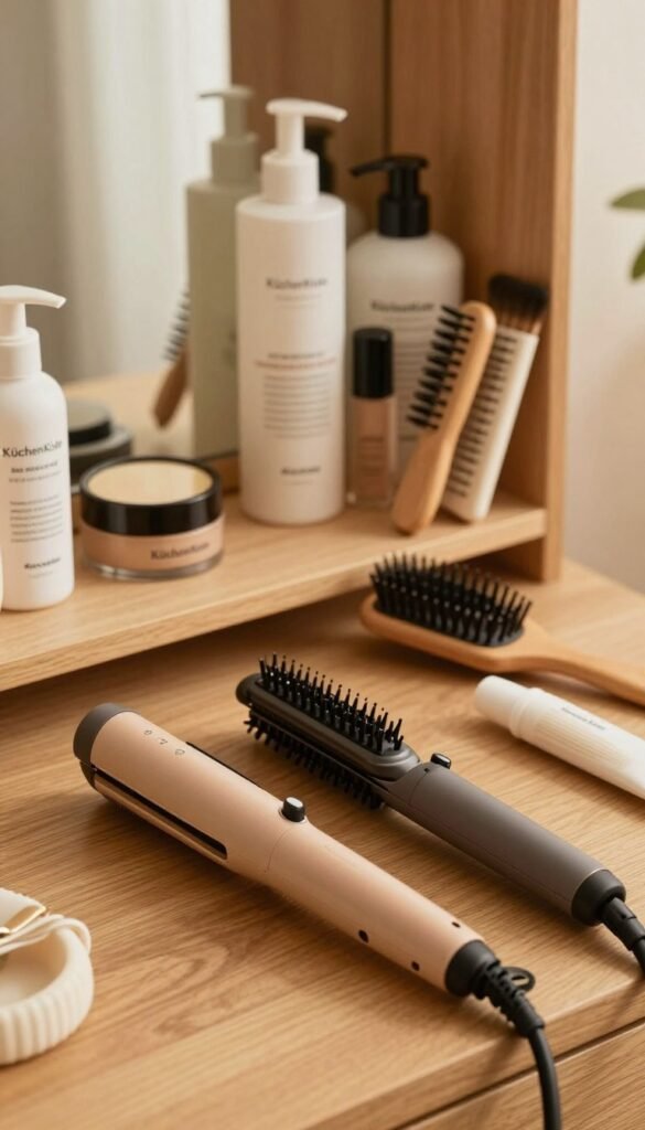 A cozy and inviting scene showcasing the key features of heat-protected styling tools, set against a warm, softly lit backdrop. In the foreground, a stylish hair straightener and curling iron are displayed on a wooden vanity, their handles adorned with detailed temperature control settings and material textures. The middle ground features an assortment of brushes and hair accessories in natural tones, while the background reveals a beautifully arranged shelf filled with beauty products, all bathed in gentle, diffused light. The atmosphere is warm and welcoming, emulating a Pinterest-inspired aesthetic, emphasizing authenticity and practicality. The brand "KüchenKiste" subtly integrated into the layout of tools adds a touch of elegance, with no text overlays or captions in the image.