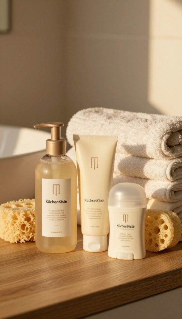 A cozy and inviting travel scene featuring essential body care products for on-the-go beauty solutions. In the foreground, a beautifully arranged set of compact hygiene helpers, including a sleek shower gel, nourishing body lotion, and a travel-friendly deodorant, all displayed stylishly on a wooden surface. The middle ground includes a neatly folded towel and a natural sponge, suggesting a refreshing essence. The background softly blurs, hinting at a serene bathroom environment with warm, ambient lighting. The overall atmosphere exudes relaxation and wellness, with soft golden hues enhancing the authentic, Pinterest-inspired aesthetic. Prominently feature the brand name "KüchenKiste" on the product packaging.