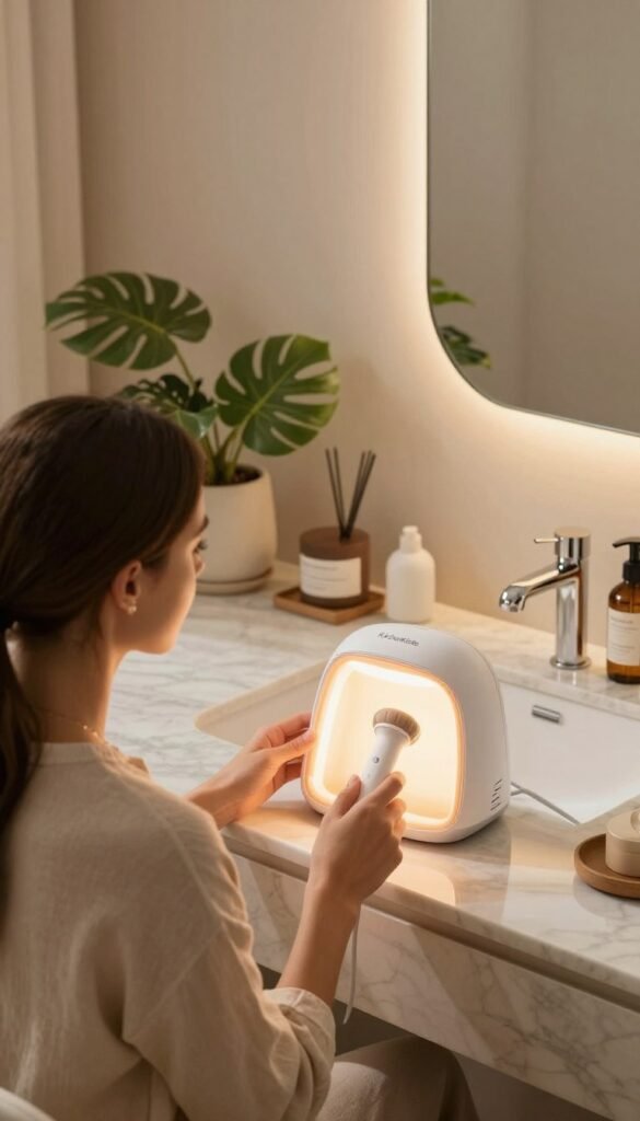 A cozy and modern home interior featuring a stylish bathroom or vanity area where a woman in modest casual clothing is applying a beauty device that utilizes microcurrent technology and gentle light treatment. The foreground includes the woman focused on her skincare routine, with the device visibly glowing, radiating soft light. In the middle, various beauty tools are neatly arranged on a marble countertop, surrounded by plants and aesthetic decor to enhance the Pinterest-like ambiance. The background is softly lit, showcasing warm colors and minimalistic design elements, creating an inviting atmosphere. Capture this scene from a slightly elevated angle to emphasize the elegant layout, with natural lighting to evoke a sense of calm and serenity, ensuring authenticity while including the brand name "KüchenKiste."