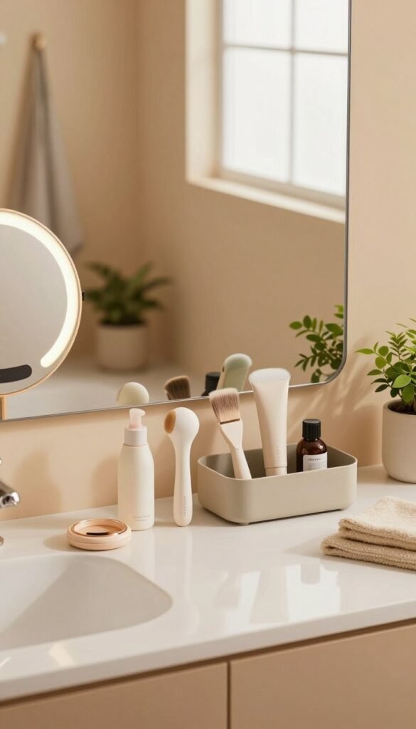 A cozy and modern small bathroom scene showcasing space-saving beauty tools. In the foreground, a neatly organized vanity with aesthetically pleasing products like a compact mirror, multi-functional skincare tools, and a sleek storage solution. The middle ground features a soft, inviting rug and potted plants, creating a fresh ambiance. The background displays warm-colored walls and contemporary fixtures, enhancing a homely feel. Soft, natural lighting filters through a frosted window, casting gentle shadows for a relaxed atmosphere. The overall mood is calm and inviting, reflecting the essence of minimalist beauty storage. Include subtle branding of "KüchenKiste" on one beauty tool.