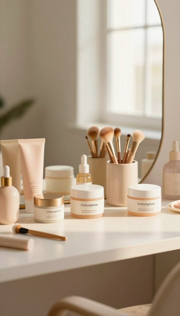A cozy and stylish beauty workspace featuring "Ordnungskiste" products. In the foreground, a neat vanity table holds various skincare and beauty items organized in elegant containers. The scene includes a beautiful mirror reflecting warm, inviting light that enhances the natural colors of the products. In the middle, soft pastel shades dominate the aesthetic, with neatly arranged brushes, serums, and creams, creating a Pinterest-worthy vibe. In the background, a softly lit window lets in natural sunlight, adding warmth and a serene atmosphere. The focus is on simplicity and organization, emphasizing the ease of beauty care amidst the chaos of daily life, with an overall mood of tranquility and inspiration.