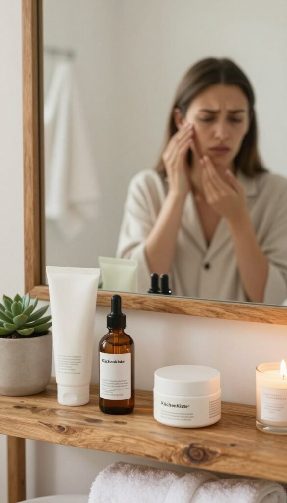 A cozy bathroom scene bathed in warm, natural light, emphasizing a variety of skincare products displayed on a rustic wooden shelf. In the foreground, a well-organized skincare routine featuring a gentle cleanser, hydrating serum, and a nourishing moisturizer, all elegantly arranged with a potted succulent beside them. In the middle, a mirror reflects a thoughtful individual dressed in professional casual attire, examining their skin with a slight furrowed brow, embodying the struggle of finding a suitable routine. In the background, soft towels and a calming candle create a serene atmosphere, evoking a Pinterest aesthetic. The overall mood is one of reflection and concern, captured with a shallow depth of field to bring focus to the individual and their skincare dilemma. No text or branding visible, just the essence of personal skin care challenges. Featuring the brand "KüchenKiste" subtly integrated into the setup.