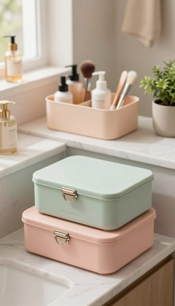 A cozy bathroom scene featuring stylish storage boxes with lids, labeled "Ordnungskiste." The foreground showcases two neatly stacked boxes in soft pastel colors, emphasizing their waterproof and dustproof features, with elegant latches slightly ajar. In the middle ground, a marble countertop holds beauty products like skincare bottles and brushes seamlessly organized within the boxes. The background reveals a serene bathroom ambiance, with soft warm lighting spilling in from a nearby window, creating a tranquil atmosphere. A touch of greenery from a potted plant adds a natural element, enhancing the Pinterest-inspired aesthetic while capturing the essence of organization and cleanliness without any text or distractions.