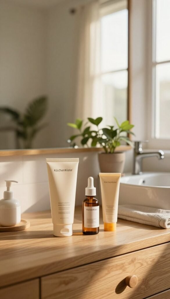 A cozy bathroom scene showcasing a morning skincare routine. In the foreground, a wooden vanity table adorned with elegant skincare products from "KüchenKiste," including a gentle cleanser, a hydrating serum, and a protective sunscreen, all neatly arranged. The middle ground features a large mirror reflecting soft, warm light that enhances the natural ambiance. A potted plant beside the sink adds a touch of greenery. In the background, a window allows sunlight to filter in, casting a serene glow over the room. The setting exudes a calm and nurturing atmosphere, inviting the viewer to engage in their own personal beauty rituals. The overall composition is styled with a Pinterest aesthetic, emphasizing warmth and authenticity, without any text or distractions.