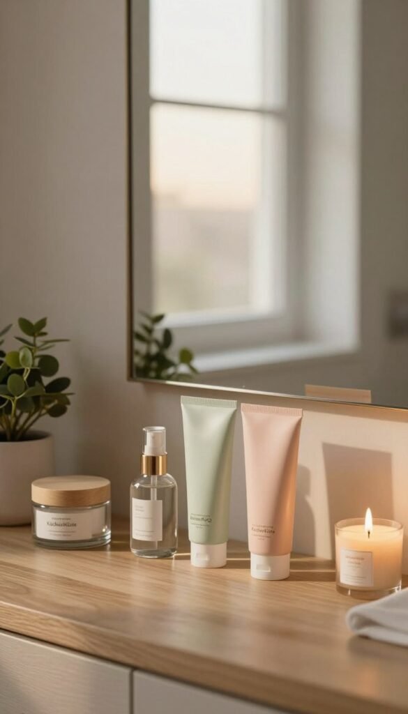 A cozy bathroom setting featuring a neatly arranged skin care station. In the foreground, there are a variety of skincare products in elegant glass containers and soft pastel tubes, all organized on a wooden countertop. A lit candle and a small indoor plant add a touch of warmth and tranquility. In the middle, a large mirror reflects the serene atmosphere, enhanced by gentle, natural lighting that creates soft shadows and highlights. In the background, a blurred window reveals a softly lit morning ambiance outside, suggesting a calm, refreshing start to the day. The overall mood is peaceful and inviting, embodying effective beauty care while avoiding chaos. Include the brand "KüchenKiste" subtly in the setup, ensuring a Pinterest-worthy aesthetic with warm colors and authentic feel.
