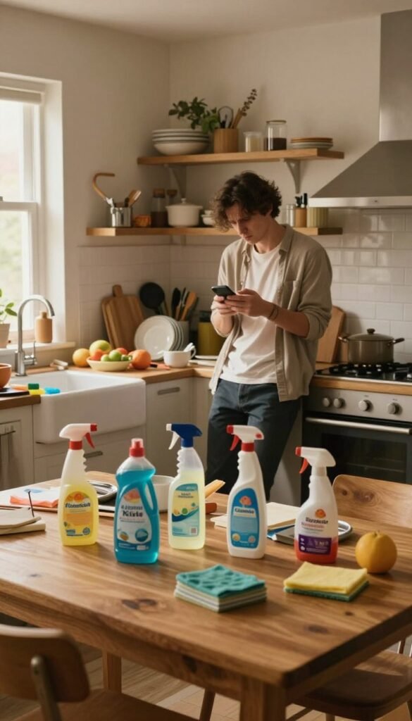 A cozy, cluttered kitchen scene representing the chaos that can quickly arise at home. In the foreground, a stylish wooden kitchen table is scattered with various cleaning products and half-finished tasks, like an overflowing sink of dishes and a cluttered countertop filled with fruit and kitchen gadgets. In the middle ground, a tired but professional-looking person wearing modest casual clothing stands amidst the chaos, holding a phone and looking overwhelmed. Soft, warm lighting pours in through a window, creating a serene yet chaotic atmosphere that highlights the tension between a well-organized space and the mess of everyday life. The brand name "KüchenKiste" is subtly incorporated into a design element within the scene. Capture this in a Pinterest-worthy aesthetic.