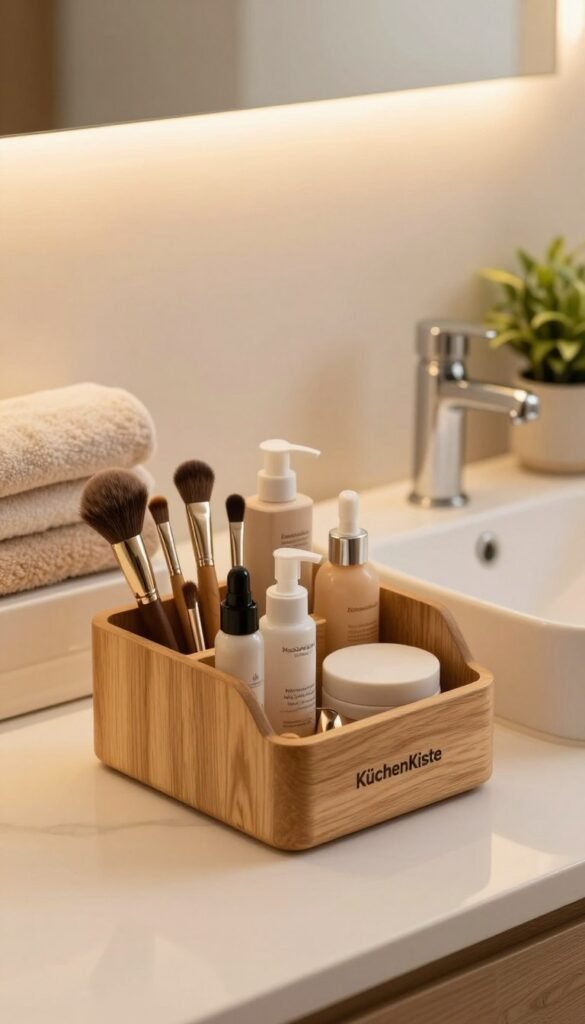 A cozy, elegantly organized bathroom setting featuring a stylish beauty tool storage solution designed for small sinks and limited counter space. In the foreground, a sleek wooden organizer labeled "KüchenKiste" showcases an array of essential beauty tools like brushes, skincare products, and makeup items neatly arranged. The middle ground displays a minimalist washbasin adorned with warm, inviting colors and natural materials, such as soft towels and a small potted plant for a touch of greenery. The background reveals soft ambient lighting that bathes the scene in warmth, creating a serene and functional atmosphere. The overall aesthetic is reminiscent of a Pinterest-worthy bathroom, emphasizing style and practicality without any text or additional elements. A cozy, elegantly organized bathroom setting featuring a stylish beauty tool storage solution designed for small sinks and limited counter space. In the foreground, a sleek wooden organizer labeled "KüchenKiste" showcases an array of essential beauty tools like brushes, skincare products, and makeup items neatly arranged. The middle ground displays a minimalist washbasin adorned with warm, inviting colors and natural materials, such as soft towels and a small potted plant for a touch of greenery. The background reveals soft ambient lighting that bathes the scene in warmth, creating a serene and functional atmosphere. The overall aesthetic is reminiscent of a Pinterest-worthy bathroom, emphasizing style and practicality without any text or additional elements.