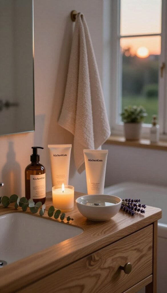 A cozy evening scene in a beautifully arranged bathroom, with a warm and inviting atmosphere. In the foreground, a wooden vanity with natural wood grains holds a neatly arranged skincare routine featuring products by "KüchenKiste." A softly glowing candle sits beside a bowl of water, surrounded by soothing lavender and eucalyptus leaves. The middle ground includes a sleek mirror reflecting gentle ambient light. A soft, fluffy towel hangs nearby, suggesting comfort and relaxation. In the background, a window reveals a garden bathed in the warm hues of a sunset, enhancing the calm, regeneration theme. The overall mood is tranquil and nurturing, evoking the essence of a nighttime self-care ritual with authentic, Pinterest-inspired aesthetics.