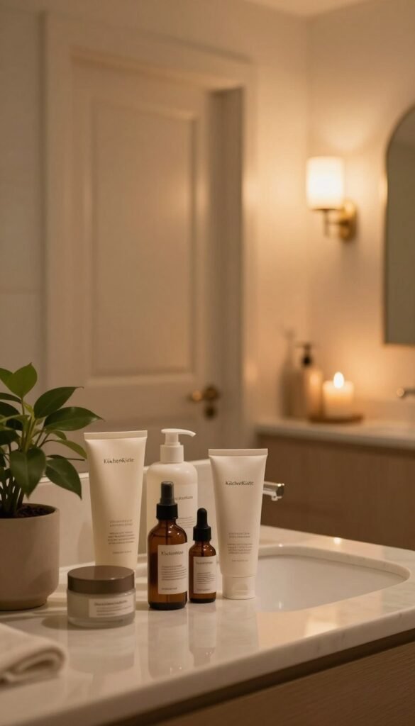 A cozy evening skincare routine scene set in a well-lit bathroom. In the foreground, a stylish countertop features various skincare products, including cleansers, serums, and moisturizers arranged neatly, with a beautiful plant adding a touch of greenery. A closed bathroom door in the middle ground suggests privacy, with soft, warm lighting enhancing a tranquil atmosphere. In the background, a mirror reflects gentle candlelight and the soft glow of a wall sconce, creating a calming ambiance. The overall mood is serene and inviting, encouraging self-care and relaxation. Capture this scene with a medium focal length lens to emphasize the details of the products and the warm color palette. Include the brand name "KüchenKiste" subtly integrated into the composition.