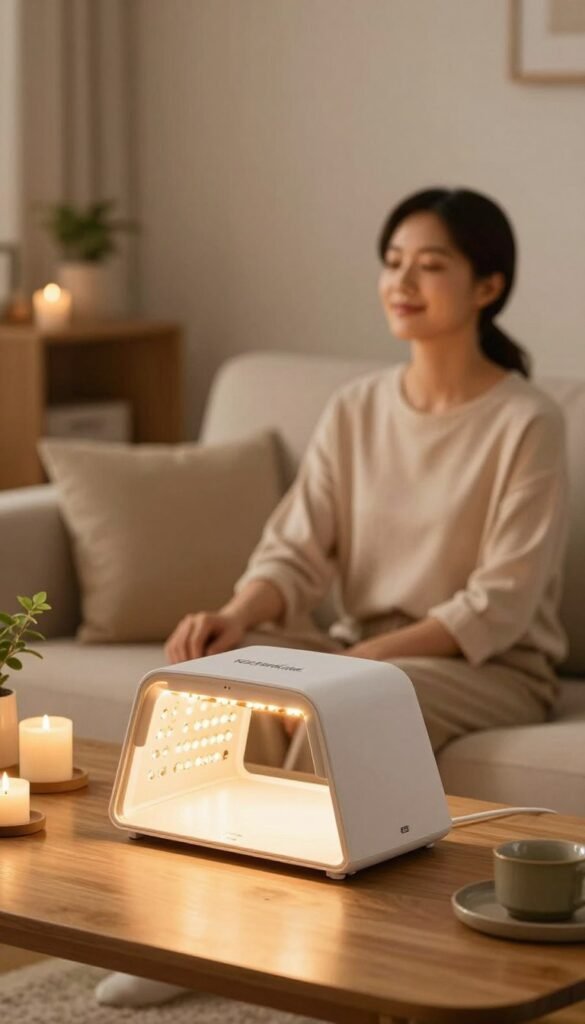 A cozy home environment showcasing LED light therapy equipment from the brand "KüchenKiste." In the foreground, a sleek, modern LED light therapy device is positioned on a wooden table, surrounded by candles and gentle, natural elements like small plants. The middle ground features a person wearing comfortable, modest casual clothing, seated peacefully as they enjoy the therapy, their face illuminated with soft, warm light emanating from the device. The background reveals a softly lit living room with warm tones, emphasizing a tranquil and inviting atmosphere. The overall mood is peaceful and rejuvenating, reflecting the benefits of long-lasting beauty tools and innovative technology. Natural lighting creates a serene ambiance, enhancing the comforting scene without any text or distractions.