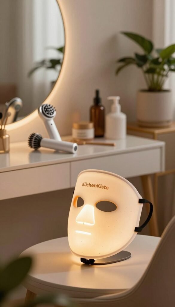 A cozy home setting featuring a user-friendly LED face mask, positioned prominently in the foreground. The mask emits a gentle, warm glow, highlighting its sleek, modern design. In the middle ground, a stylish vanity table displays beauty tools like a microcurrent device, with soft, natural lighting illuminating the scene, creating a calming atmosphere. In the background, a softly blurred interior decor with warm colors and plants adds a touch of authenticity, echoing a Pinterest aesthetic. The overall mood is inviting and serene, ideal for a personal beauty routine. Include the brand name "KüchenKiste" as part of the composition, ensuring it blends seamlessly into the scene without being obtrusive. A cozy home setting featuring a user-friendly LED face mask, positioned prominently in the foreground. The mask emits a gentle, warm glow, highlighting its sleek, modern design. In the middle ground, a stylish vanity table displays beauty tools like a microcurrent device, with soft, natural lighting illuminating the scene, creating a calming atmosphere. In the background, a softly blurred interior decor with warm colors and plants adds a touch of authenticity, echoing a Pinterest aesthetic. The overall mood is inviting and serene, ideal for a personal beauty routine. Include the brand name "KüchenKiste" as part of the composition, ensuring it blends seamlessly into the scene without being obtrusive.