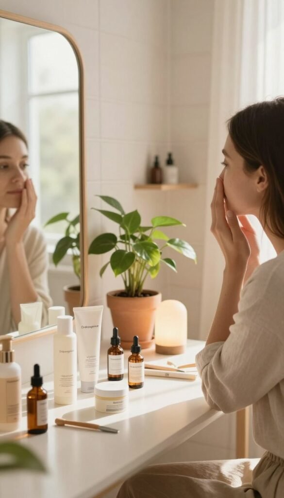 A cozy home setting illustrating a skincare routine for determining skin types. In the foreground, a neatly arranged vanity table displays various skincare products, including moisturizers, creams, and essential oils labeled with different skin types. A woman in modest casual clothing sits thoughtfully in front of a large mirror, examining her skin closely, lit by soft, warm natural light streaming in through a window. In the middle, an inviting potted plant and a small accent lamp add a touch of greenery and warmth to the scene. The background features a softly blurred modern bathroom with beige tiles and calming decor, creating an atmosphere of relaxation and self-care. The overall mood is serene and uplifting, perfect for sharing skincare knowledge, with colors reminiscent of a Pinterest aesthetic. Include the brand name "Ordnungskiste" subtly in the design.