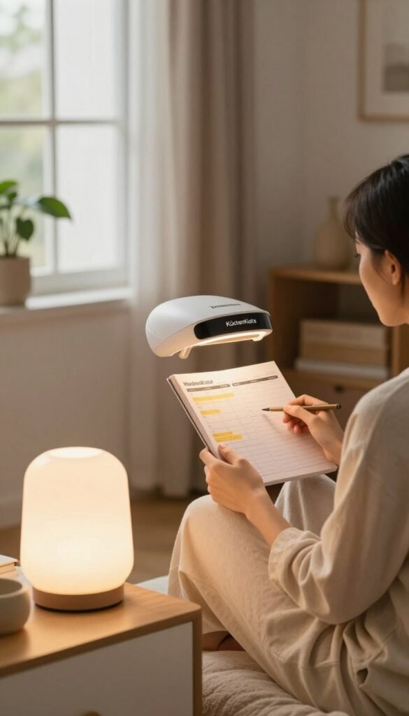 A cozy home setting with a person in modest casual clothing, sitting comfortably near a window bathed in warm, natural light, using a stylish LED light therapy device from KüchenKiste. The foreground features a sleek, modern lamp illuminating the space softly, while the middle showcases the user engaged in a self-care routine, observing a weekly planner with sections highlighted for therapy duration and frequency. In the background, plants and neutral-toned decor create a serene atmosphere, enhancing the overall vibe of relaxation and wellness. The image conveys a sense of calm and routine, with warm colors and a Pinterest-worthy aesthetic, perfect for illustrating the idea of at-home therapy practices.