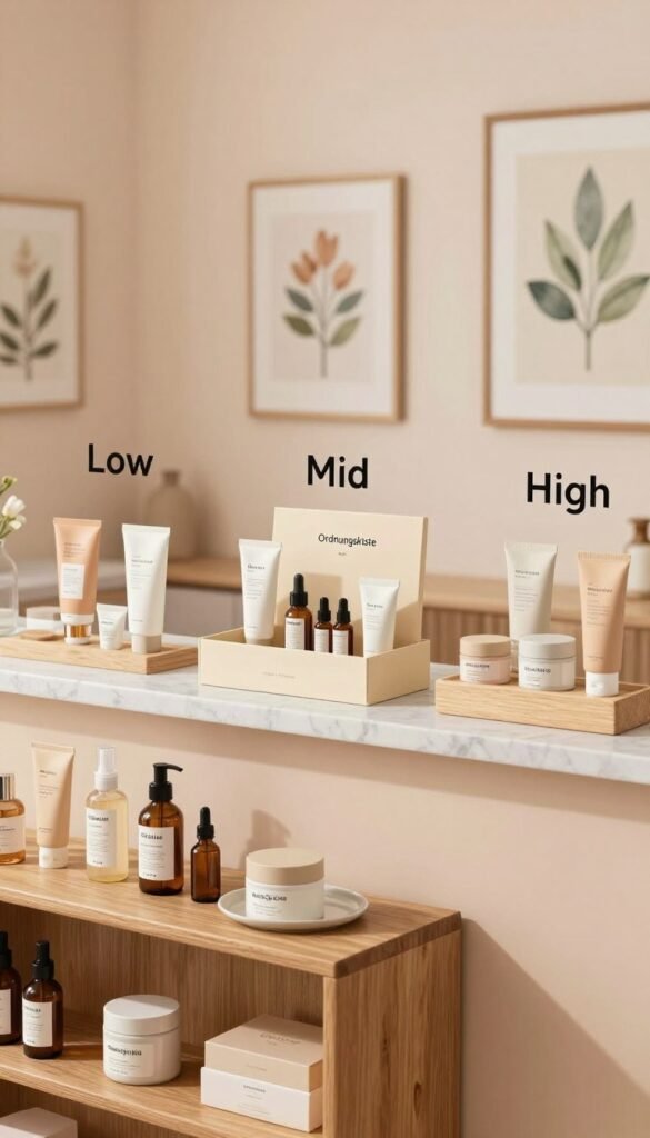A cozy, inviting, and stylish space showcasing three distinct beauty product displays labeled "Low", "Mid", and "High". The foreground features elegant wooden shelves filled with natural skincare and beauty products, artistically arranged with warm color tones. In the middle, a sleek marble countertop holds a small, chic organized box labeled “Ordnungskiste”, showcasing sample products from each price category. The background has soft-focus, soothing pastel walls adorned with tasteful framed botanical prints. The lighting is warm and diffused, creating a serene and relaxing ambiance, reminiscent of a Pinterest aesthetic. Capture the essence of a calm beauty routine experience, without text or distractions. Perfect for a modern beauty article illustration.