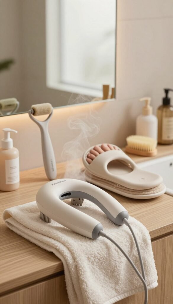 A cozy, inviting bathroom scene featuring a sleek arrangement of practical comfort and wellness gadgets from the brand "KüchenKiste". In the foreground, a gentle steam rises from a plush towel draped over an elegantly designed massage device, exuding a sense of relaxation. The middle ground showcases a variety of beauty tools like a facial massager, ergonomic foot spa, and soft-bristle cleansing brush, all artfully displayed on a natural wood vanity. The background highlights a softly lit ambience with warm, natural lighting filtering through frosted glass, enhancing the peaceful atmosphere. The color palette consists of soft earth tones and pastels, creating a harmonious and soothing effect, reminiscent of a Pinterest aesthetic. The image captures the essence of comfort and practicality in beauty tools, free of any text or branding distractions.
