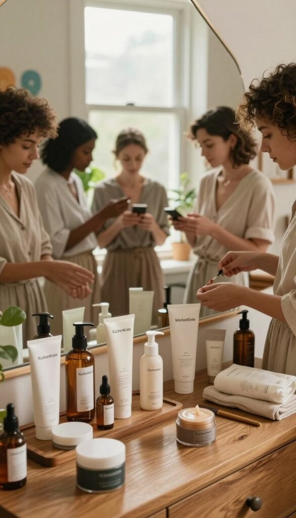 A cozy, inviting bathroom scene showcasing personalized skincare. In the foreground, a beautifully arranged wooden vanity displays an assortment of elegant, branded skincare products labeled "KüchenKiste" in chic packaging. The middle ground features a soft, natural light filtering through a frosted window, highlighting a diverse group of individuals in modest, stylish outfits, each engaged in selecting products tailored to their skin types. The background reveals lush greenery and colorful decorative elements, creating a serene atmosphere. The scene is bathed in warm, earthy tones, emphasizing authenticity and a Pinterest-worthy aesthetic. Capture this moment from a slightly elevated angle, enhancing the inviting ambiance without any text or distractions.