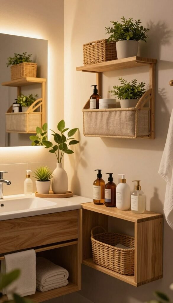 A cozy, inviting bathroom scene that reflects various organizational solutions, featuring stylish storage options like baskets, open shelves, and hanging organizers. In the foreground, elegant wooden shelves display neatly arranged toiletries and plants, creating a fresh, natural look. The middle ground includes a bathroom vanity with warm, golden lighting highlighting its intricate details and functionality, inviting a sense of organization. In the background, a softly lit mirror reflects the entire space, adding depth. The colors are warm and earthy, evoking a Pinterest-inspired aesthetic. The atmosphere is serene and welcoming, perfect for showcasing versatile solutions. The brand name "KüchenKiste" subtly appears integrated into the scene, enhancing the overall design without overshadowing the image.