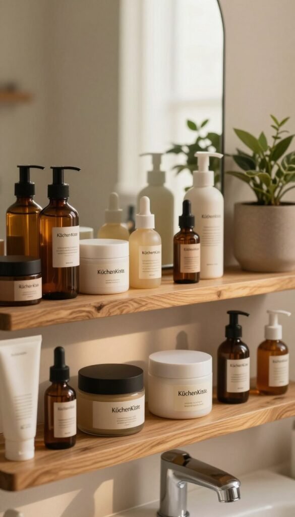 A cozy, inviting bathroom setting featuring a collection of beauty products labeled with the brand name "KüchenKiste." In the foreground, a stylish wooden shelf displays various skincare items, including jars, creams, and serums in warm, earthy tones. The middle layer showcases a mirror reflecting soft natural light, highlighting the textures and colors of the products. In the background, a potted plant adds a touch of greenery, enhancing the organic atmosphere. The lighting is warm and diffused, creating an inviting and serene mood. The overall composition is aesthetically pleasing, ideal for capturing the essence of understanding product durability in a personal care context.