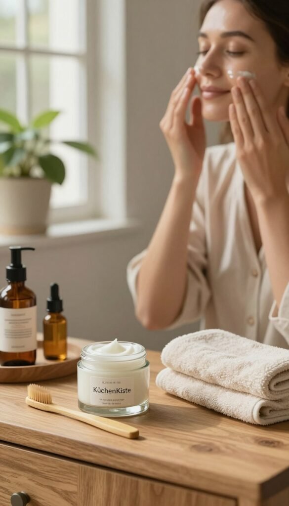 A cozy, inviting bathroom setting, featuring a wooden vanity adorned with various skincare products to illustrate a hydration routine. In the foreground, an exquisite glass jar of moisturizer labeled "KüchenKiste" sits next to a bamboo toothbrush and a soft, folded towel. In the middle, a woman in modest, casual clothing gently applies a hydrating serum to her face, showcasing her glowing skin. Soft natural light filters through a nearby window, creating a warm atmosphere that highlights the serene, earthy tones of the bathroom decor. A potted plant adds a touch of nature to the background, enhancing the overall Pinterest-inspired aesthetic. The image captures the essence of everyday skincare habits, promoting a soothing and nurturing environment without any text or distractions.