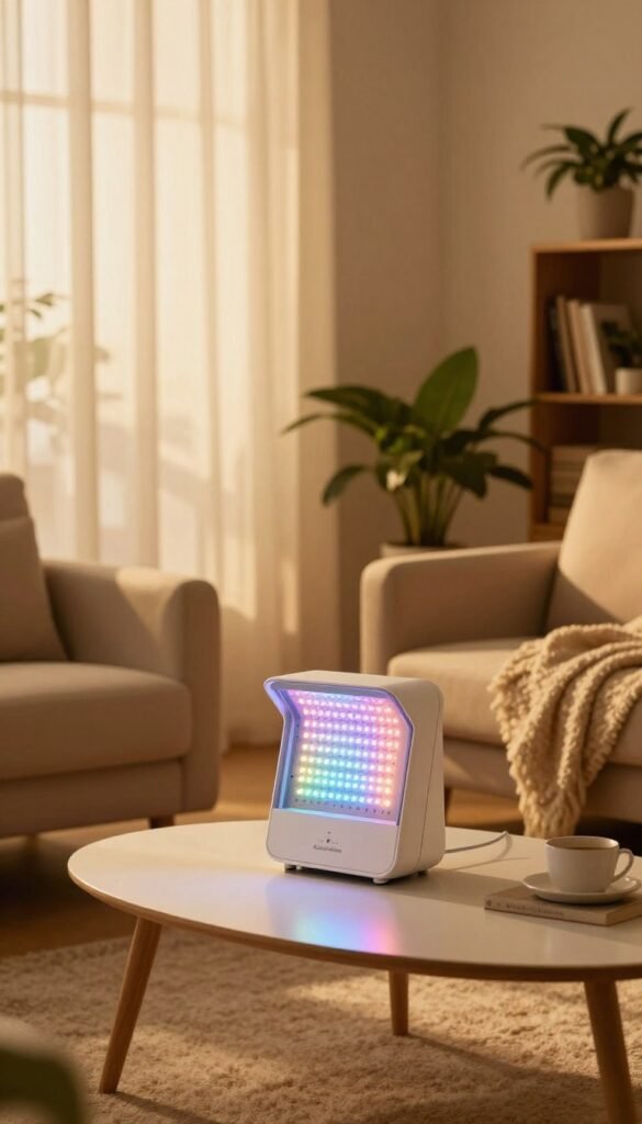 A cozy, inviting home setting that showcases a modern LED light therapy device by KüchenKiste, placed prominently on a stylish, minimalist coffee table. In the foreground, soft, warm lighting creates a soothing atmosphere, with golden sunlight filtering through sheer curtains. A comfortable armchair can be seen nearby, adorned with a plush throw blanket, inviting relaxation. In the middle ground, the LED device emits a gentle, colorful glow, enhancing the serene mood of the room. The background features a few houseplants and a bookshelf, adding a touch of greenery and warmth. The overall ambiance is calm and rejuvenating, highlighting the appeal of incorporating LED light therapy into daily home life.