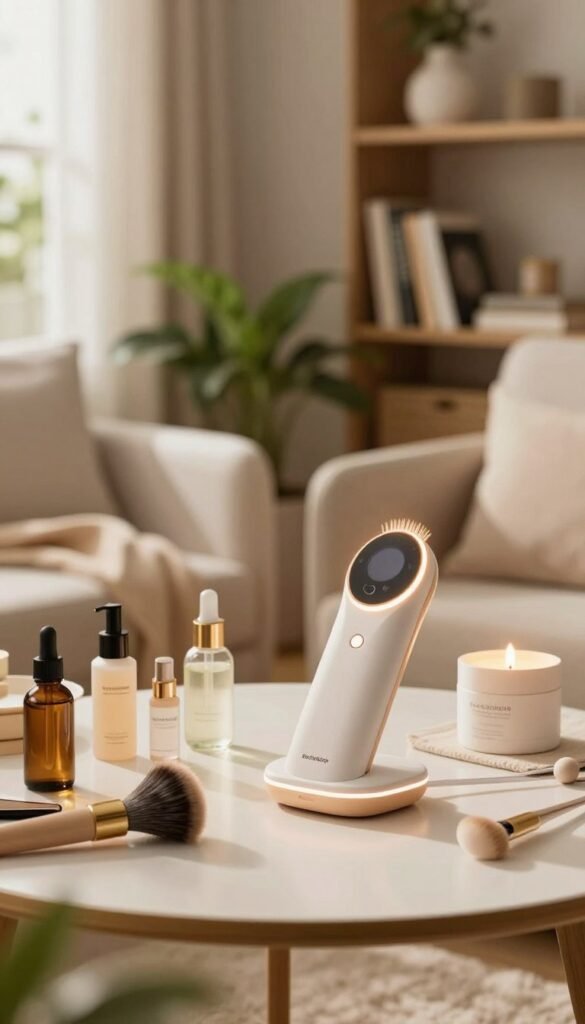 A cozy, inviting home treatment setup for beauty, featuring a tastefully arranged table adorned with luxurious beauty tools by KüchenKiste. In the foreground, a soft-focus view of a modern, elegant beauty device with a gentle glow, complemented by natural skincare products in serene, warm colors. The middle ground showcases a stylishly decorated room with plants and soft textiles, creating a relaxing atmosphere, illuminated by warm, natural light streaming through a window. The background features a subtle, blurred bookshelf filled with beauty and wellness books, enhancing the homey feel. The mood is serene and inviting, perfect for home beauty treatments, embodying a Pinterest aesthetic with a focus on authenticity.