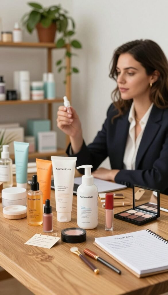 A cozy, inviting scene showcasing a beautifully arranged selection of beauty products displayed on a wooden table. In the foreground, vibrant skincare items, elegant cosmetics, and tools are neatly organized, with a price tag and a small notepad for budgeting advice beside them. In the middle, a stylish woman dressed in professional attire examines the products with a thoughtful expression, embodying confidence and knowledge. Soft, natural lighting floods the scene, creating a warm atmosphere. In the background, a minimalist shelf lined with more beauty products and a lush green plant adds freshness, reflecting a Pinterest-worthy aesthetic. The brand name “KüchenKiste” is subtly integrated into one of the product labels, enhancing the authenticity without overpowering the visual.