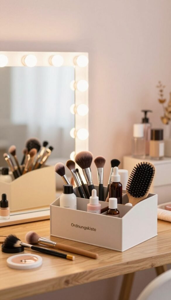 A cozy, inviting workspace featuring an aesthetically pleasing arrangement of various beauty tools, highlighting practicality and elegance. In the foreground, a sleek wooden table is adorned with makeup brushes, skincare products, and hair tools, all neatly organized in a stylish Ordnungskiste brand storage box. The middle layer showcases a soft-focus view of a glowing mirror illuminated by warm, diffused lighting that enhances the natural textures and colors of the products. In the background, a calming pastel wall adds to the serene ambiance, creating a Pinterest-worthy aesthetic. The overall mood is one of tranquility and beauty, suitable for everyday use. The image has a soft, natural color palette with warm tones and a slight bokeh effect, emphasizing the artistry of beauty and self-care without any text or distractions.