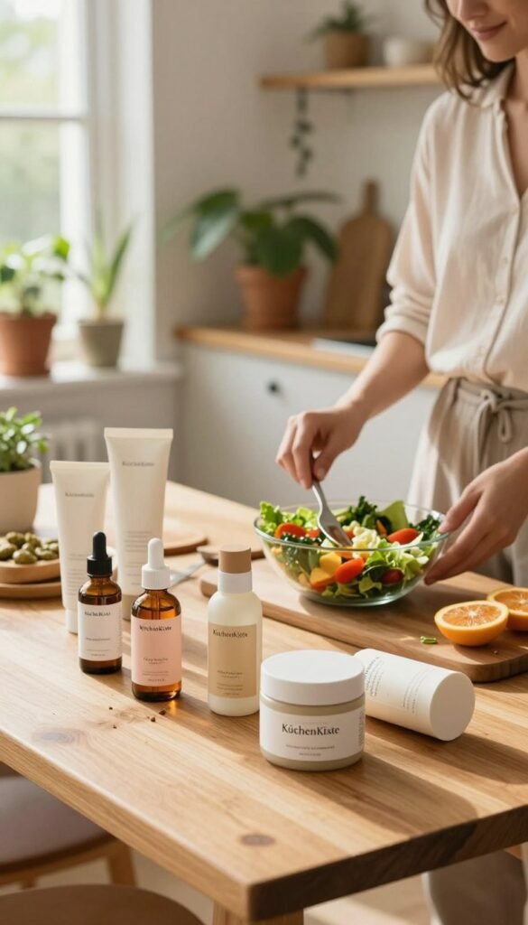 A cozy lifestyle scene depicting a serene indoor setting focusing on healthy living. In the foreground, a well-organized wooden kitchen table displays natural skincare products with soft, warm hues, emphasizing simplicity and wellness. In the middle, a person in modest casual clothing is preparing a fresh, colorful salad, symbolizing healthy eating habits. The background features lush potted plants, sunny windows with natural light streaming in, and a hint of a relaxing living area. The atmosphere is vibrant yet calm, creating an inviting ambiance that promotes the concept of a balanced lifestyle. The composition has a Pinterest aesthetic, highlighting the brand "KüchenKiste" subtly within the scene without text.