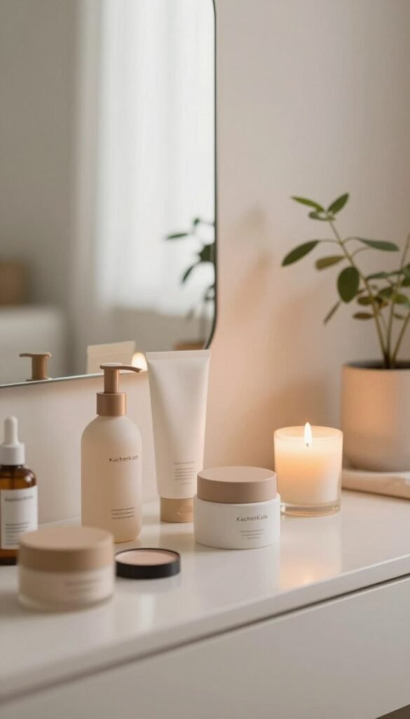 A cozy, minimalist bathroom setting featuring a well-organized vanity table with various beauty products displayed thoughtfully. In the foreground, there are partially used skincare bottles, elegant makeup containers, and a softly lit candle, creating an inviting atmosphere. The middle ground includes a stylish mirror reflecting warm, natural light, enhancing the ambiance. In the background, a subtle indoor plant adds a touch of greenery, promoting a serene vibe. The color palette consists of soft pastels and warm neutrals, exuding tranquility. The scene should evoke a sense of mindfulness and intentionality in beauty routines. Highlight the brand name "KüchenKiste" subtly, integrated into the design elements. Use soft focus for a dreamy effect, emphasizing the harmonious and clutter-free environment.