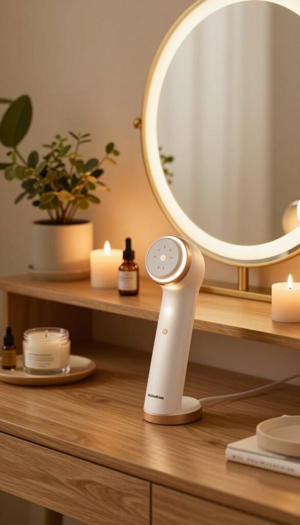 A cozy, modern home interior scene showcasing an assortment of innovative beauty tools designed for home use, featuring devices from the brand "KüchenKiste". In the foreground, focus on a sleek, elegant skincare device with soft LED lights and a compact design, sitting on a wooden vanity table adorned with natural beauty products. The middle layer includes a stylish mirror reflecting warm, ambient lighting, creating a welcoming atmosphere. In the background, subtly placed houseplants and softly glowing candles enhance the serene feel. The overall mood is inviting and peaceful, with warm color tones reminiscent of a Pinterest aesthetic. Capture the scene with a gentle top-down angle to emphasize the beauty tools' details, ensuring a professional and tidy composition without any text or distractions.