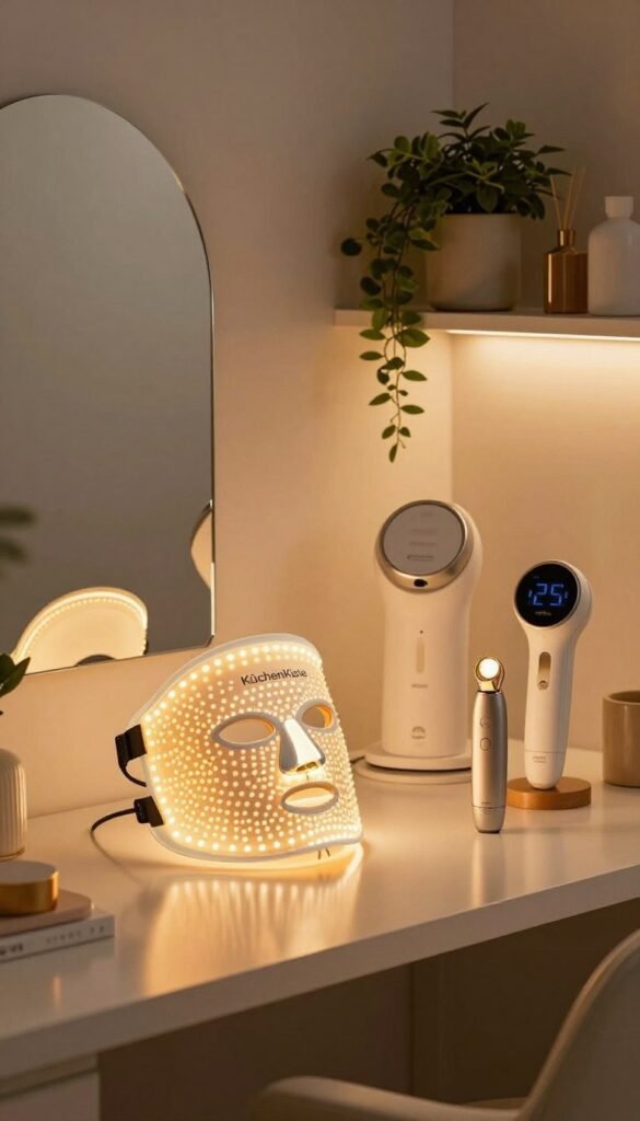 A cozy, modern home interior scene showcasing innovative LED beauty technology products. In the foreground, a stylish LED facial mask rests on a sleek vanity table next to a multifunctional beauty pen and various specialized devices designed to combat fine lines. The middle ground features soft, warm lighting emanating from the devices, casting a serene glow that enhances the inviting atmosphere. The background includes a beautifully arranged shelf with greenery and aesthetic decor elements to inspire a relaxing beauty routine. The overall mood exudes warmth and tranquility, reflecting a Pinterest-worthy aesthetic. The brand name "KüchenKiste" subtly integrated into the scene as part of the product design, ensuring authenticity and modern appeal. A cozy, modern home interior scene showcasing innovative LED beauty technology products. In the foreground, a stylish LED facial mask rests on a sleek vanity table next to a multifunctional beauty pen and various specialized devices designed to combat fine lines. The middle ground features soft, warm lighting emanating from the devices, casting a serene glow that enhances the inviting atmosphere. The background includes a beautifully arranged shelf with greenery and aesthetic decor elements to inspire a relaxing beauty routine. The overall mood exudes warmth and tranquility, reflecting a Pinterest-worthy aesthetic. The brand name "KüchenKiste" subtly integrated into the scene as part of the product design, ensuring authenticity and modern appeal.