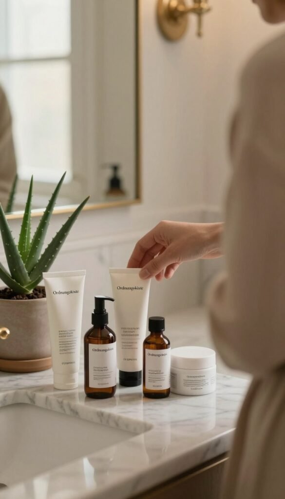 A cozy, softly lit bathroom scene featuring a beautifully arranged selection of skincare products on a marble countertop. In the foreground, several tubes and bottles labeled with the brand name "Ordnungskiste," showcasing ingredients often considered problematic in skincare, such as parabens, sulfates, and fragrance. Next to these, a potted aloe vera plant adds a touch of nature. The middle of the scene captures a hand reaching for one of the products, clad in a stylish, modest outfit. The background is softly blurred, depicting an elegant mirror reflecting warm, natural light from a nearby window. The overall mood is calm and informative, evoking a sense of caution and awareness in skincare choices while maintaining an inviting atmosphere.