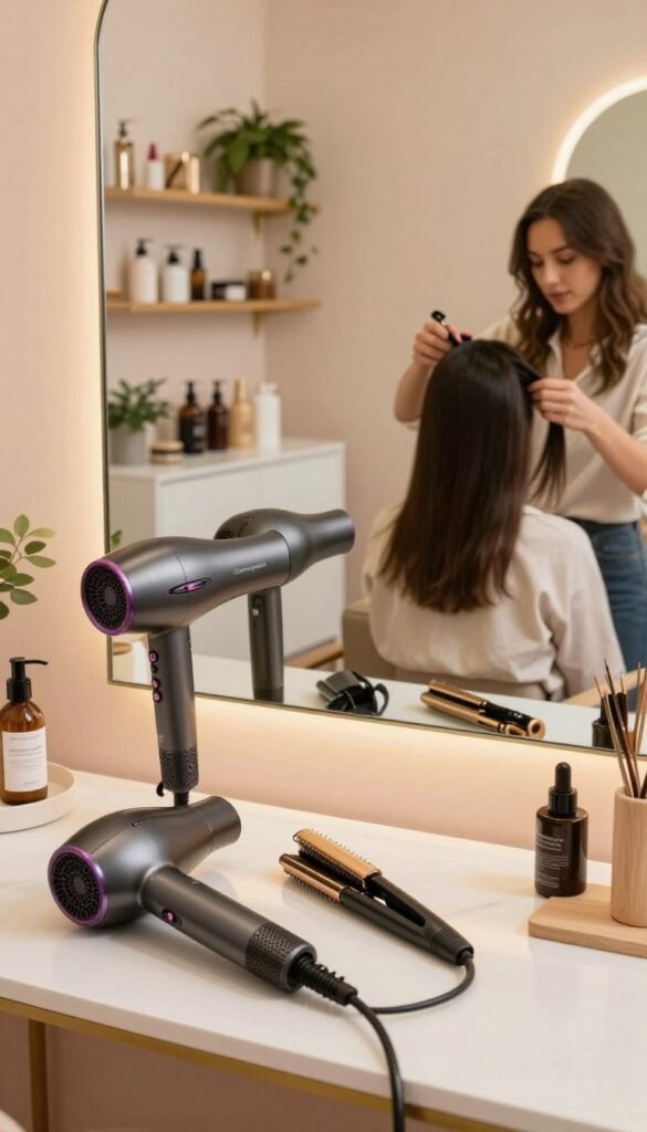A cozy, stylish home salon setup, capturing the essence of hair styling without time pressure. In the foreground, a well-organized vanity table with high-quality hair styling tools like a hairdryer, straightener, and curling wand, all from the "Ordnungskiste" brand. A professional in modest casual clothing expertly styling her hair, mirroring a sleek salon look. The middle ground features a large mirror reflecting warm, soft lighting that creates an inviting atmosphere. The background displays neatly arranged accessories, plants for a natural touch, and a hint of a soft, pastel-colored wall that enhances the Pinterest aesthetic. The overall mood is relaxed yet sophisticated, emphasizing comfort and the joy of at-home hairstyling.
