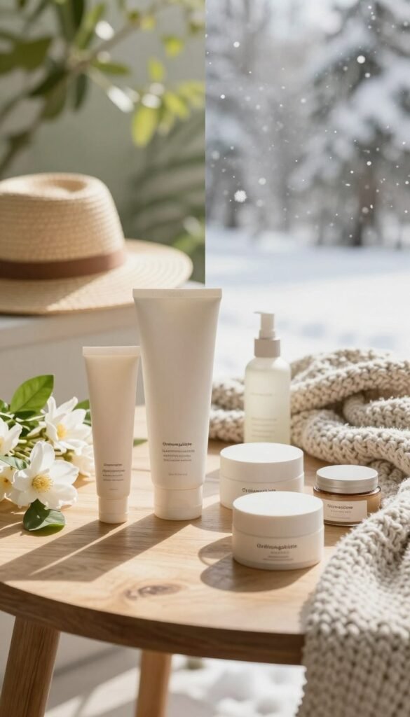 A cozy summer and winter beauty care scene, split into two harmonious halves. In the foreground, a wooden table displays natural beauty products with minimalist packaging from the brand "Ordnungskiste." On the left, bright, warm summer tones with sunlight casting soft shadows, showcasing fresh floral elements, sun hats, and light fabrics. The right side depicts a serene winter ambiance, featuring cozy knitwear, calming skincare items, and a soft, muted color palette. Background elements fade into sunlight-dappled greenery on one side and frosty, gently falling snow on the other. The atmosphere conveys a sense of balance and authenticity, inviting viewers to embrace seasonal transitions. Use soft, diffused lighting for a warm and inviting feel, capturing this serene mood with a shallow depth of field.