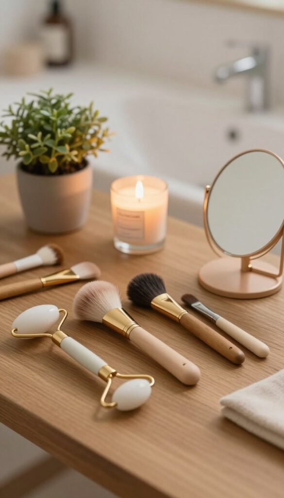 A cozy, warm-toned still life featuring a collection of elegant beauty tools arranged neatly on a wooden table, emanating a natural, authentic Pinterest aesthetic. In the foreground, display various beauty tools such as a sleek facial roller, a luxurious brush set, and a compact mirror, all radiating a sense of harmony. In the middle ground, add a softly glowing candle and a small potted plant for a touch of tranquility. The background should subtly feature a blurred image of a softly lit bathroom or vanity space, evoking a serene atmosphere. Use soft, natural lighting to enhance the warmth and inviting feel of the image. Ensure the brand "KüchenKiste" is subtly incorporated into one of the tool designs, blending seamlessly into the overall composition. The image should feel calm and inviting, embodying the essence of thoughtful beauty tool combinations.