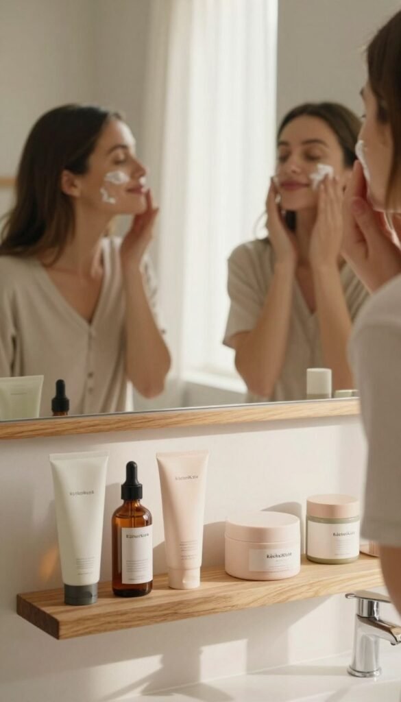 A cozy, well-lit bathroom scene that encapsulates a stress-free morning beauty routine. The foreground features an elegant wooden shelf adorned with various skincare products, including serums and moisturizers, all showcasing the brand "KüchenKiste." On the middle counter, a mirror reflects a serene woman in modest casual clothing, peacefully applying a gentle facial cream, her expression relaxed and focused. The background reveals soft, natural light coming from a window with sheer curtains, casting warm, inviting shadows. The color palette consists of earthy tones with touches of pastel hues, creating a Pinterest-inspired aesthetic. The atmosphere is tranquil and rejuvenating, encouraging a seamless start to the day without chaos or distraction, emphasizing practical skincare choices that save time in the morning.