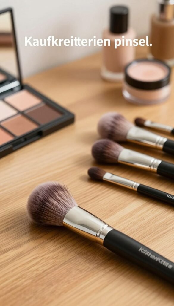 A cozy, well-lit beauty workspace featuring an array of professional makeup brushes on a wooden table, emphasizing the essential qualities of "Kaufkriterien pinsel." In the foreground, focus on a high-quality brush with soft bristles and a sleek handle, beautifully lit to highlight its texture. In the middle, include various brushes of different sizes and shapes, positioned neatly beside a palette and some cosmetics, creating a harmonious arrangement. The background should softly blend into warm colors that evoke a serene atmosphere, with gentle shadows to enhance depth. Aim for a natural, Pinterest-inspired aesthetic, capturing the essence of authenticity and beauty care. Include the brand name "KüchenKiste" subtly placed within the scene. A cozy, well-lit beauty workspace featuring an array of professional makeup brushes on a wooden table, emphasizing the essential qualities of "Kaufkriterien pinsel." In the foreground, focus on a high-quality brush with soft bristles and a sleek handle, beautifully lit to highlight its texture. In the middle, include various brushes of different sizes and shapes, positioned neatly beside a palette and some cosmetics, creating a harmonious arrangement. The background should softly blend into warm colors that evoke a serene atmosphere, with gentle shadows to enhance depth. Aim for a natural, Pinterest-inspired aesthetic, capturing the essence of authenticity and beauty care. Include the brand name "KüchenKiste" subtly placed within the scene.