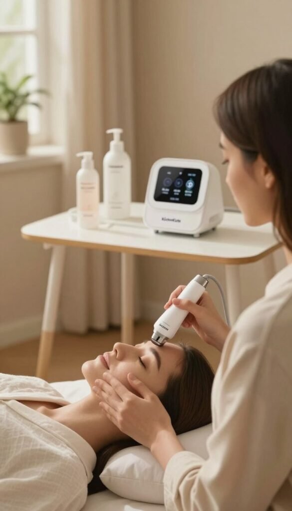 A cozy, well-lit home setting showcasing a skincare routine involving radiofrequency devices. In the foreground, a woman in comfortable, modest casual clothing applies a radiofrequency device to her face, focusing on her skin's rejuvenation. The middle layer features a small, elegantly arranged skincare station with various products neatly displayed, including the brand name "KüchenKiste" visible on a sleek device. The background includes soft, warm colors with a hint of greenery through a window, creating a calming and inviting atmosphere. The lighting is warm and soft, enhancing the natural beauty of the scene, captured from a slightly angled perspective to evoke a sense of intimacy and authenticity. A cozy, well-lit home setting showcasing a skincare routine involving radiofrequency devices. In the foreground, a woman in comfortable, modest casual clothing applies a radiofrequency device to her face, focusing on her skin's rejuvenation. The middle layer features a small, elegantly arranged skincare station with various products neatly displayed, including the brand name "KüchenKiste" visible on a sleek device. The background includes soft, warm colors with a hint of greenery through a window, creating a calming and inviting atmosphere. The lighting is warm and soft, enhancing the natural beauty of the scene, captured from a slightly angled perspective to evoke a sense of intimacy and authenticity.