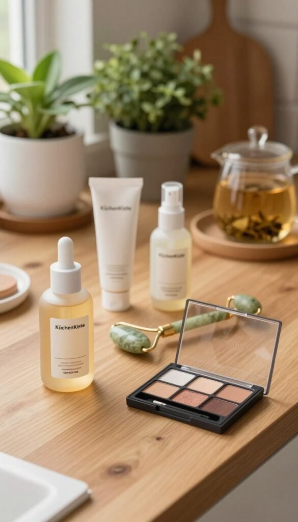 A cozy, well-lit kitchen setting featuring a variety of efficient beauty products artfully arranged on a natural wood countertop. In the foreground, a sleek bottle of a multitasking moisturizer and a compact, easy-to-use makeup palette, both adorned with the brand name "KüchenKiste". In the middle, there are a few skincare tools, like a jade roller and a facial mist, enhancing the minimalist aesthetic. The background softly showcases potted plants and a herbal tea arrangement, creating a warm, inviting atmosphere. Use soft, natural lighting to highlight the product textures, with a shallow depth of field to emphasize the beauty products while keeping the background slightly blurred. The overall mood should feel authentic and fresh, embodying a Pinterest-inspired look that resonates with quick beauty solutions.