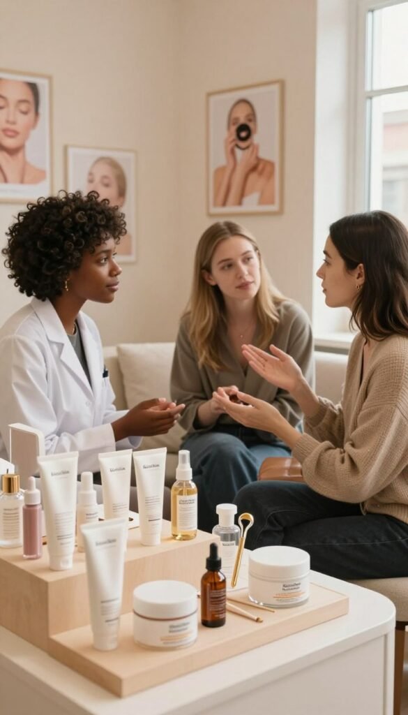 A cozy, well-lit skincare consultation scene capturing a diverse group of individuals discussing beauty tools tailored for sensitive skin. In the foreground, an elegantly arranged display of various high-quality skincare products, including creams, serums, and gentle tools, labeled with the brand name "KüchenKiste." In the middle ground, two people in professional attire, a skincare expert and a customer, engage in conversation, thoughtfully examining the products. The background features soft, warm-colored walls adorned with soothing skincare posters and a window allowing gentle, natural light to fill the space. The overall mood is inviting, educational, and authentic, emphasizing comfort and care for sensitive skin, perfect for a Pinterest-inspired aesthetic.