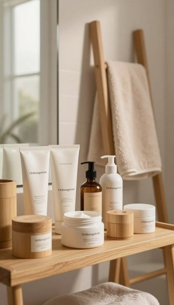 A cozy, well-organized bathroom scene showcasing an array of skincare products by "Ordnungskiste" on a wooden shelf. In the foreground, a beautifully arranged selection of sustainable containers, featuring natural materials like bamboo and glass, emphasizes practicality and elegance. The middle ground includes a soft, plush towel draped over a stylish ladder, creating an inviting atmosphere. The background features warm, natural lighting streaming through a frosted window, casting gentle shadows that enhance the setting's calming vibe. This space, characterized by earthy tones and a minimalist design, embodies everyday functionality while celebrating authentic beauty rituals. The overall mood is serene and inviting, perfect for illustrating the importance of meaningful product choices in skincare.