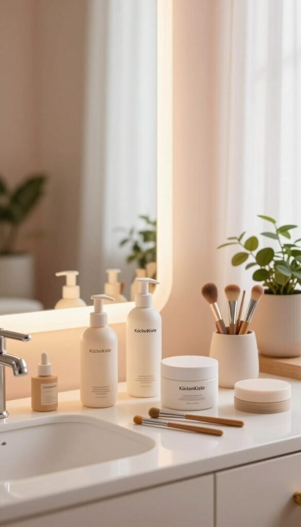 A cozy, well-organized bathroom setting highlighting practical beauty products. In the foreground, a neat vanity table adorned with an array of minimalist beauty essentials from the brand "KüchenKiste," including skincare bottles and elegant makeup tools. The middle ground showcases a softly lit mirror reflecting the warm ambiance and natural light streaming in through a window draped with sheer curtains. The background features pastel-colored walls and potted plants, contributing to a calming atmosphere. The overall mood is inviting and serene, emphasizing simplicity and functionality in a daily beauty routine. Use a soft focus lens to enhance warmth and bring out the cozy, inviting color palette inspired by Pinterest aesthetics.